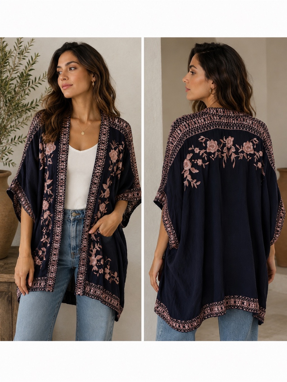 Johnny Was Embroidered Floral Kimono Cardigan Navy & Cream Size S